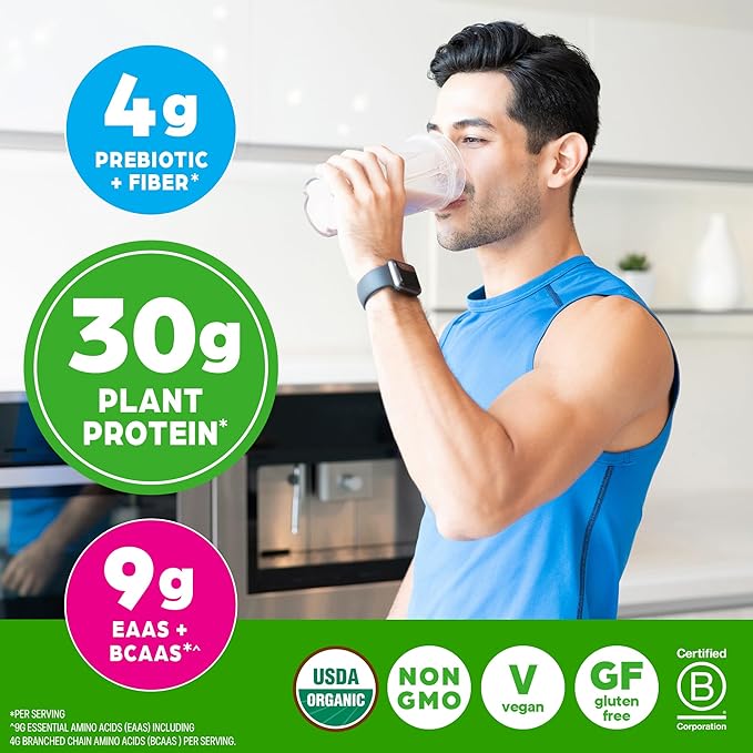 Orgain Organic 30g Vegan Plant Protein Powder, Vanilla, 9g EAAs + BCAAs, High Plant Protein, 4g Prebiotic + Fiber, 1g Sugar, Pre-Workout, Muscle Support + Recovery - 2.01lb (Packaging May Vary)