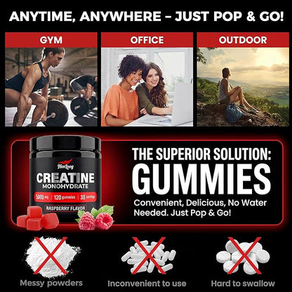 Creatine Monohydrate Gummies 5000mg for Women & Men, NSF Certified, Sugar Free, Vegan, 120 Count, Pre Workout Muscle Strength & Recovery Supplement