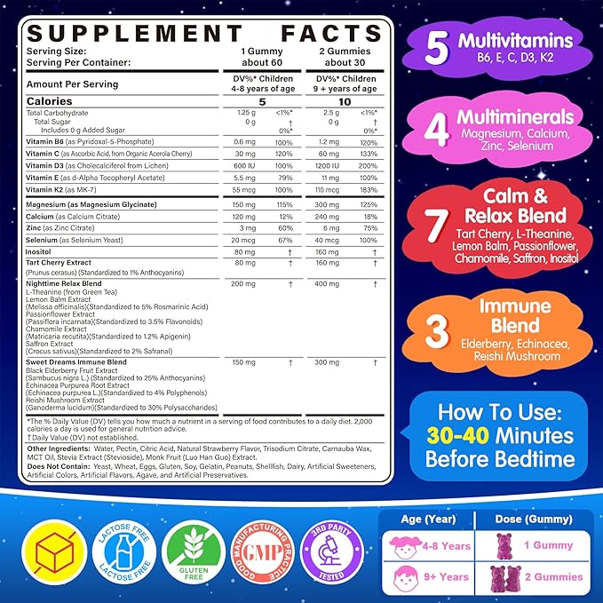 Kids 4+ Nighttime Multivitamin, Melatonin Free Sleep Aid Gummies w/Magnesium Glycinate, Saffron, L-Theanine, Calcium, Inositol, D3+K2, Zinc Supports Calm Mood, Brain, Bone & Immune, Sugar Free, 2 Pack