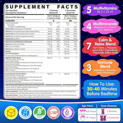 Kids 4+ Nighttime Multivitamin, Melatonin Free Sleep Aid Gummies w/Magnesium Glycinate, Saffron, L-Theanine, Calcium, Inositol, D3+K2, Zinc Supports Calm Mood, Brain, Bone & Immune, Sugar Free, 2 Pack