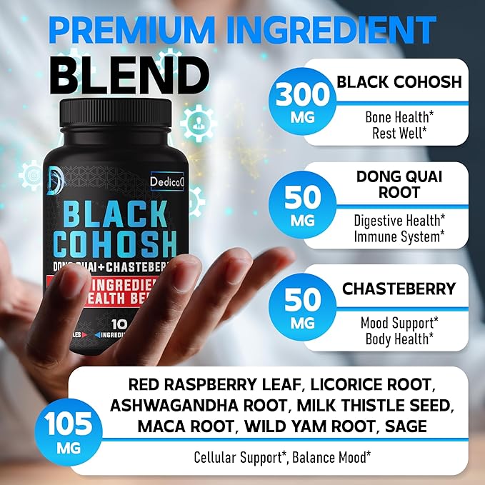 DEDICAD 12in1 Black Cohosh 5-Month Supply for Menopause Support Supplement with Dong Quai, Chasteberry, Red Raspberry, Licorice, Wild Yam & More - 150 Capsules
