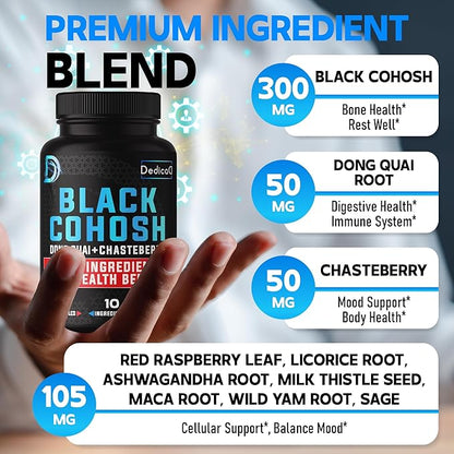 DEDICAD 12in1 Black Cohosh 5-Month Supply for Menopause Support Supplement with Dong Quai, Chasteberry, Red Raspberry, Licorice, Wild Yam & More - 150 Capsules