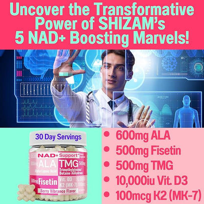 SHIZAM TMG Betaine Alpha Lipoic Acid ALA D3 Fisetin Gummies, Tri-Methylglycine trimethylglycine R-Alpha NAD+ Plus + HCL Supplements, Mitochondrial Senolytic Activator, NR Capsules Powder 600mg 1000mg