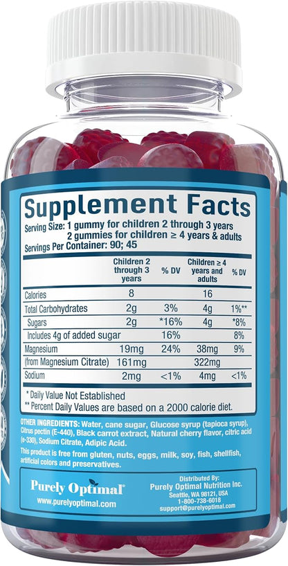 Purely Optimal Magnesium Citrate Gummies for Kids & Adults - Delicious Cherry Flavor - Sleep, Calm & Digestive Support, Relaxation, Muscle Health - Chewable Magnesium, Gluten-Free, Vegan - 90 Gummies
