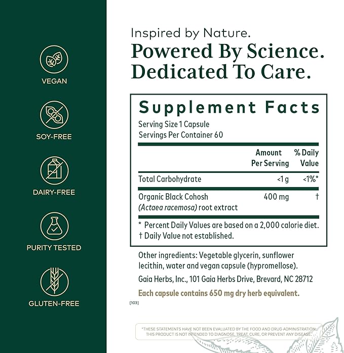 GAIA HERBS PRO Black Cohosh PRO - Healthy Perimenopause & Post Menopause Support Supplement* - Women's Health Supplement with Black Cohosh Root Extract - Vegan - 60 Liquid Phyto-Caps (60 Servings)
