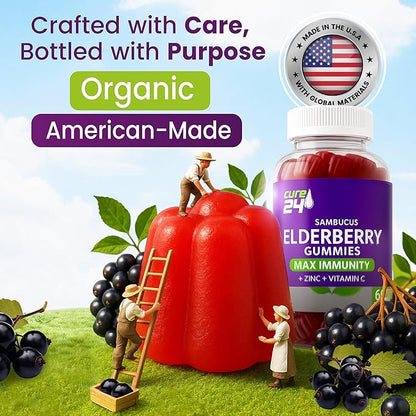 Sambucus Elderberry Gummies + Vitamin C + Zinc for Kids & Adults, X3 Immune Support, Natural Flavors + Ingredients, Vegan, Non-GMO, Made in USA (60)