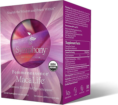 Femmenessence® MacaLife® – Clinically Proven Perimenopausal Organic Vegan Supplement for Natural Hormone Balance, Symptom Relief, Heart & Mood Support (120 Capsules, 60 Day Supply)