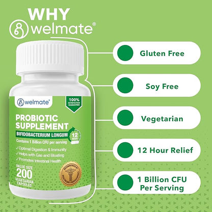 WELMATE Bifidobacterium - Probiotic Supplement - Supports Gut Health - Immune Support - Digestive Enzymes - Gluten Free - Vegan - Men & Womens Probiotic - Value Size - 200 Count