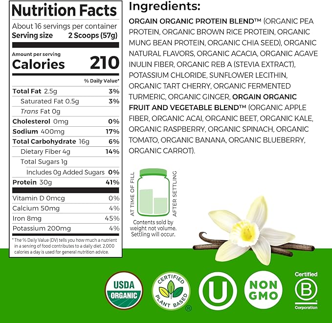 Orgain Organic 30g Vegan Plant Protein Powder, Vanilla, 9g EAAs + BCAAs, High Plant Protein, 4g Prebiotic + Fiber, 1g Sugar, Pre-Workout, Muscle Support + Recovery - 2.01lb (Packaging May Vary)
