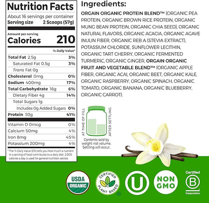 Orgain Organic 30g Vegan Plant Protein Powder, Vanilla, 9g EAAs + BCAAs, High Plant Protein, 4g Prebiotic + Fiber, 1g Sugar, Pre-Workout, Muscle Support + Recovery - 2.01lb (Packaging May Vary)