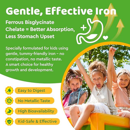 Iron Supplement Gummies for Kids, Kids Multivitamin with Iron Gummies - Zinc, Vitamin B Complex, A, C, D3, B12, Folate for Blood Builder & Energy Support, Vegan Sugar Free Green Apple & Kiwi 60ct
