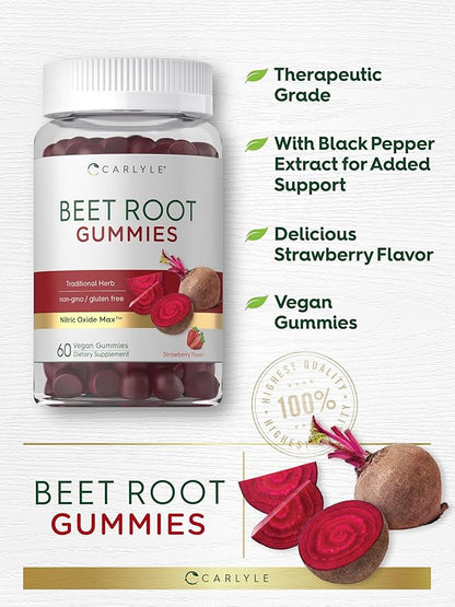 Carlyle Beet Root Gummies | 60 Count | Extract Supplement with Black Pepper and Vitamin C | for Men & Women | Beta Vulgaris | Strawberry Flavor | Vegan, Non-GMO, and Gluten Free