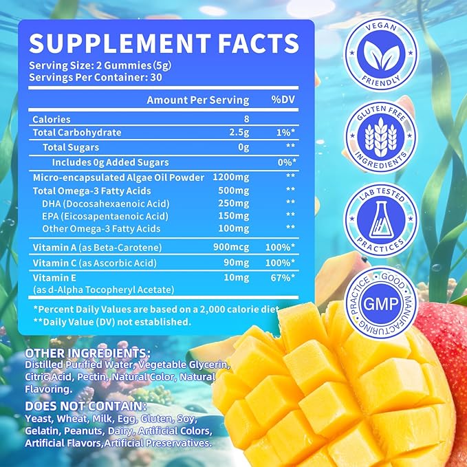 Vegan Omega-3 Gummies 500mg, Omega 3 Fish Oil Alternative for Adults with Plant-Based EPA & DHA & Vitamin A, C, E for Brain, Eye & Immune Health, Sugar Free, Mango Flavor, 60 Count