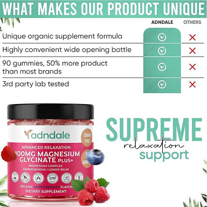 Adndale 90 CT Magnesium Glycinate 400 mg Gummies with Ashwagandha, Magnesium Malate & Taurate, Sugar Free Magnesium Gummies for Adults & Kids.
