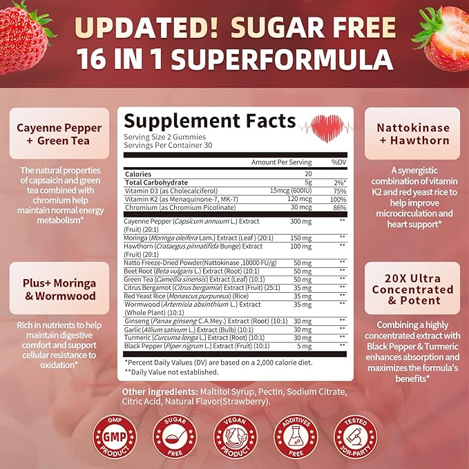 (2 Pack)16 in 1 Cayenne Pepper Gummies- Sugar-Free Capsaicin Supplements Complex w/Moringa, Hawthorn, Beet Root - Plus Wormwood, Citrus Bergamot Support Circulation* & Overall Wellness* - 60 CT