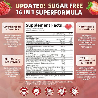 Lukaree 16 in 1 Cayenne Pepper Gummies- Sugar-Free Capsaicin Supplements Complex w/Moringa, Hawthorn, Beet Root - Plus Wormwood, Citrus Bergamot Support Circulation* & Overall Wellness* - 60 CT