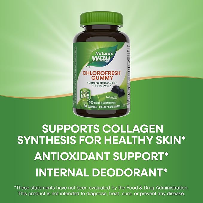 Nature’s Way Chlorofresh Chlorophyll Gummies, Supports Healthy Skin and Body Detox*, Internal Deodorant*, Orchard Fruit Flavored, 60 Gummies