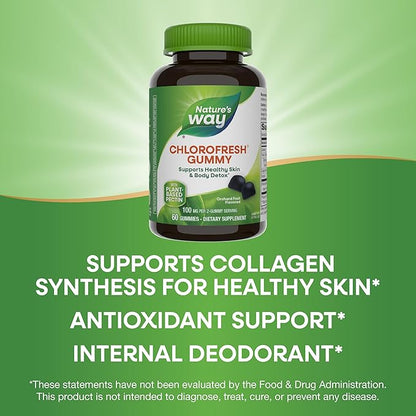 Nature’s Way Chlorofresh Chlorophyll Gummies, Supports Healthy Skin and Body Detox*, Internal Deodorant*, Orchard Fruit Flavored, 60 Gummies