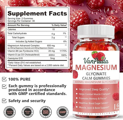 Magnesium Glycinate 400mg Gummies, High Absorption Magnesium Complex for Women, Kids, Adults, Sleep aid, Calm,Muscle Relaxation, Vitamins B6, D & Potassium Supplement, Gluten-Free Vegetarians.