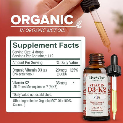 Live Wise Naturals Vitamin D3 K2 Kids Liquid Drops - 112 Servings, Ultra Concentrated Formulation, Fast Absorption 800 IU & 35 MCG for Calcium & Bone Support - Daily Nutritional Support Parents Trust