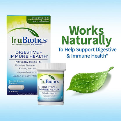TruBiotics Probiotics for Digestive & Immune Health, Supports Regularity & Helps Relieve Abdominal Discomfort, Gas & Bloating, 2 Clinically Studied Probiotic Strains, Plus Prebiotics, 60 Capsules