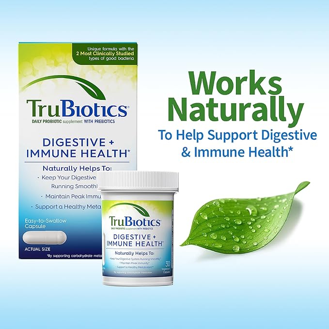 TruBiotics Probiotics for Digestive & Immune Health, Supports Regularity & Helps Relieve Abdominal Discomfort, Gas & Bloating, 2 Clinically Studied Probiotic Strains, Plus Prebiotics, 30 Capsules