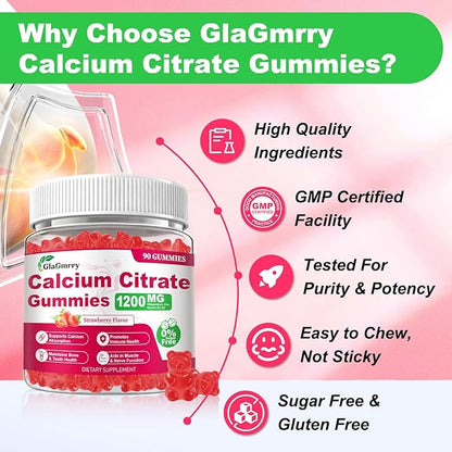 180 Count Calcium Citrate Gummies - Calcium Gummies with Magnesium & 4 Essential Vitamins Support Bone, Muscle, Teeth, Immunity, Calcium Supplements for Women & Men, Strawberry Flavor