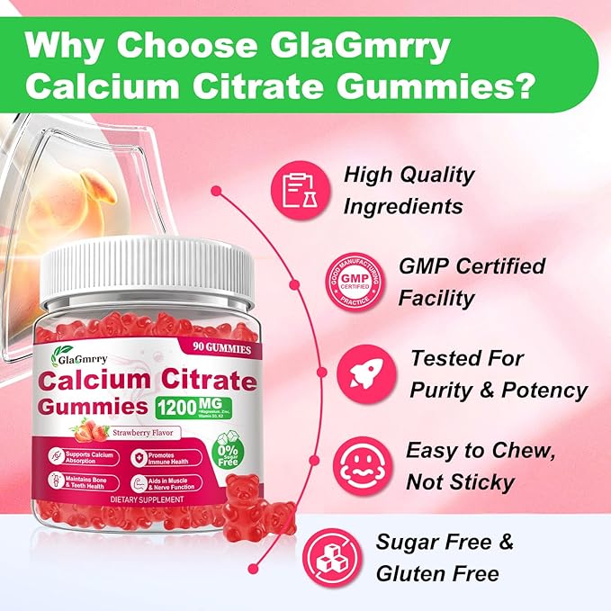 90 Count Calcium Citrate Gummies - Calcium Gummies with Magnesium & 4 Essential Vitamins Support Bone, Muscle, Teeth, Immunity, Calcium Supplements for Women & Men, Strawberry Flavor