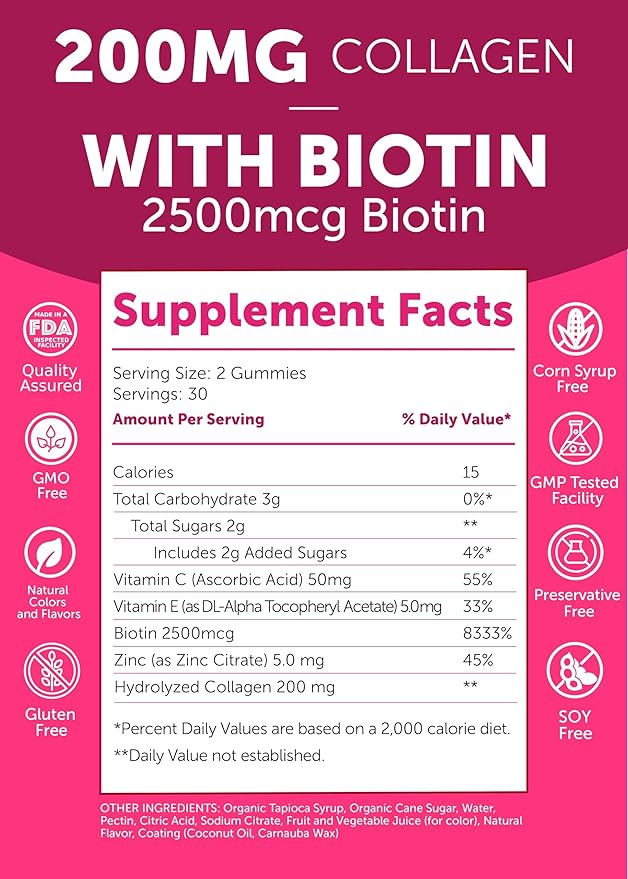 Lunakai USA Made Collagen Peptides Gummies - 200mg Non-GMO Anti-Aging Formula with Biotin, Zinc, Vitamins C & E for Hair, Skin and Nails, 3 Pack