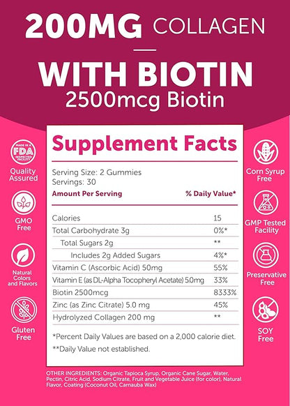 Lunakai USA Made Collagen Peptides Gummies - 200mg Non-GMO Anti-Aging Formula with Biotin, Zinc, Vitamins C & E for Hair, Skin and Nails, 3 Pack