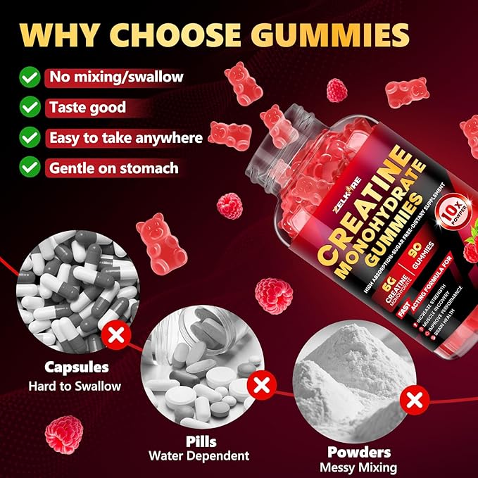 Creatine Monohydrate Gummies 6000mg for Men & Women, Sugar Free Creatine Gummy for Pre & Post Workout, High Absorption Supplement with BCAA, Support Boost Strength, Endurance & Muscle Recovery