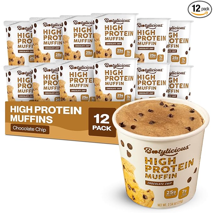 Bootylicious | 25g Protein Muffin | Chocolate Chip | Low Carb, 16g Fiber, Low Glycimic Index, Low Sugar, 2.39oz Cup, 12-Pack