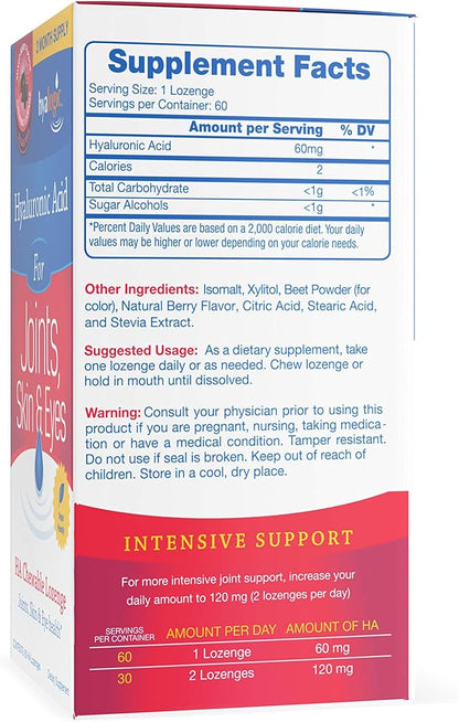Hyalogic Hyaluronic Acid Chewable Lozenge - Chewable Tablets for Joints, Skin Care & Eyes – Vegan, Sugar-Free and Berry Favored Hyaluronic Acid Supplements (60 Count)