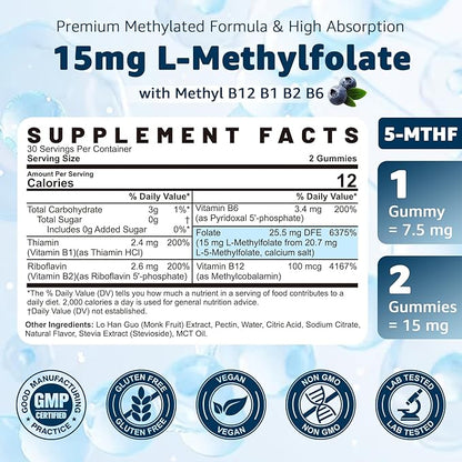 L-MethylFolate 15mg & Methyl B12 Gummies, Methylated B1, B2, B6 Multivitamins - Active 5-MTHF & High Absorption - Supports MTHFR Gene, Cognition, Homocysteine Levels, Folate Metabolism, Vegan, 120 Cts