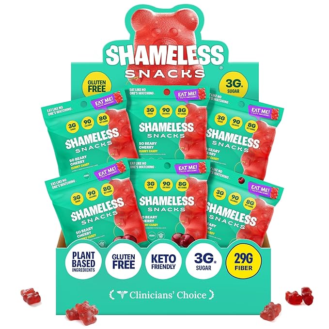 Shameless Snacks - Healthy Low Calorie Snacks, Low Carb Keto Gummies (Gluten Free Candy) - 6 Pack So Beary Cherry