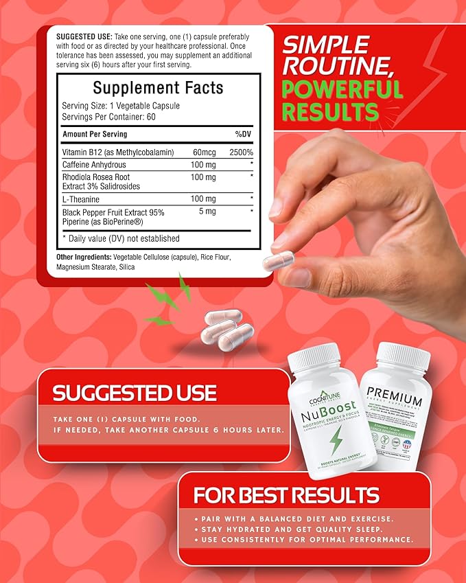 Caffeine Pills 100mg with L-Theanine & B12 – Natural Energy + Focus Supplement – Clean Energy Pills for Men & Women – Caffeine L Theanine Nootropic – 60 Vegan Capsules