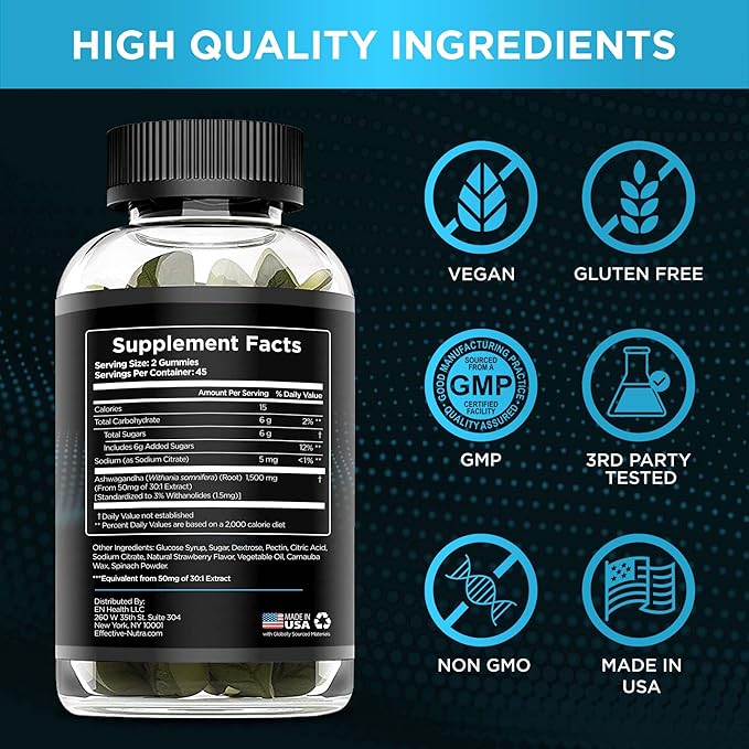 Effective Nutra Ashwagandha Gummies 1500mg – Extra Strength Stress & Sleep Support – 90-Day Supply, Just 2 Gummies Daily – Vegan, Non-GMO, Third-Party Tested – Made in USA (2-Pack)