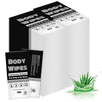 Individually Wrapped Body Wipes Bulk Bath Wipe, Women Men Large Adult Disposable Body Shower Wipes No Rinse-Free Bathing Cloths Wipe for Outdoors After Gym Camping Travel (200, Black, 12 x 10.3 in)