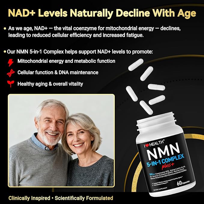 NMN Complex Plus+ for Women & Men with NAC, Alpha Lipoic Acid, CoQ10 & Resveratrol – 5-in-1 Cellular Energy & Healthy Aging Support – 60 Capsules, Non-GMO, Made in USA
