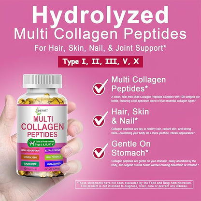 Multi Collagen Peptides Softgels - Hydrolyzed Collagen Peptides For Women & Men with Vitamin C Hyaluronic Acid - High Absorption Collagen Complex for Skin Hair Nail & Joint - Type I, II, III, V, X