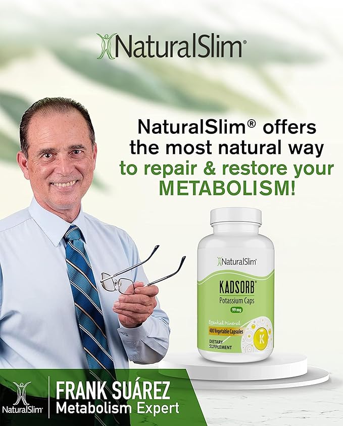 NaturalSlim Natural Potassium Citrate Gluconate 99 mg - Kadsorb Supports Electrolyte Balance & Normal pH - Absorbable Potassium Supplements with Essential Minerals - Non GMO 400 Capsules 1 Pack