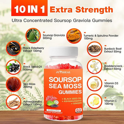 10-in-1 Soursop Graviola with Sea Moss Gummies, Soursop Leaves Extract with Vitamin C, Zinc for Immunity and Antioxidant, Gluten Free, Vegan 60 Gummies 2Pack