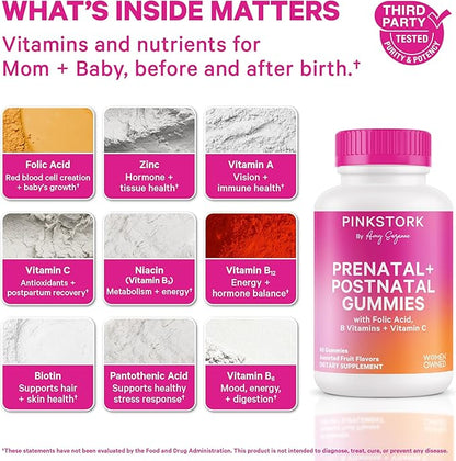 Pink Stork Fertility + Prenatal + Postnatal Gummy Vitamins – Full Motherhood Journey Support – Multivitamin with Folate, B Vitamins, Zinc & Biotin – Postpartum Essentials - 60 Assorted Fruit Gummies