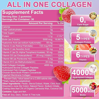 Multi Collagen Peptides Gummies, Type I, II, III, V, X - Hydrolyzed Collagen Peptides with Biotin, Hyaluronic Acid, Supports Healthy Skin, Strong Nails & Thick Hair, 60 Count, 1 Pack