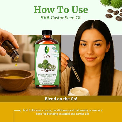 SVA Castor Seed Oil Organic - 16 Fl Oz – 100% Natural Cold Pressed Organic Castor Oil - for Face, Skin Care, Hair Care, Scalp Massage & Body Massage with Pump