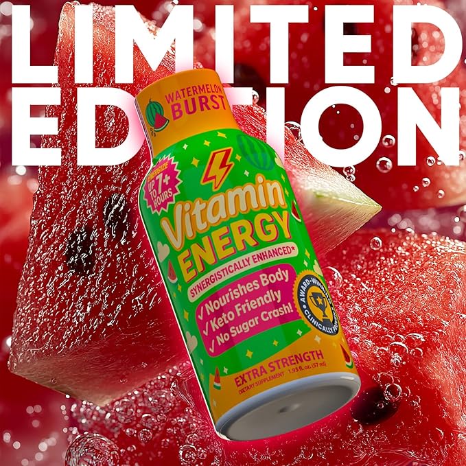 Vitamin Energy Immune+ Extra Strength Energy Shot Watermelon Burst 10 Pack, 260mg Natural Caffeine, B-Vitamins, Citicoline, Green Tea, Immunity & Focus Support, Zero Sugar, Gluten-Free 1.93 fl oz