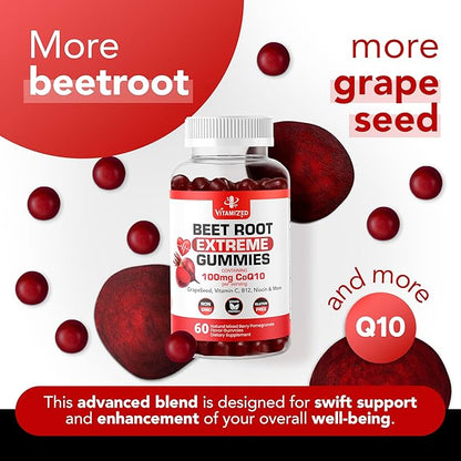 Extreme Beetroot Formula & COQ10 100mg with Grape Seed Extract, for Circulation Energy & Flow, Beet Root Gummies Extract Gluten Free 60