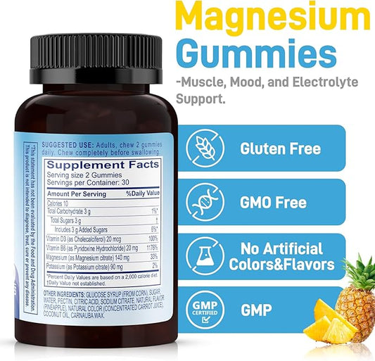 Biobor Potassium Magnesium Citrate Gummies, Magnesium Gummies Supplements with Vitamin D3, B6, Electrolyte Balance & Muscle, Stress Relaxation Support (60 Count (Pack of 1), Pineapple)