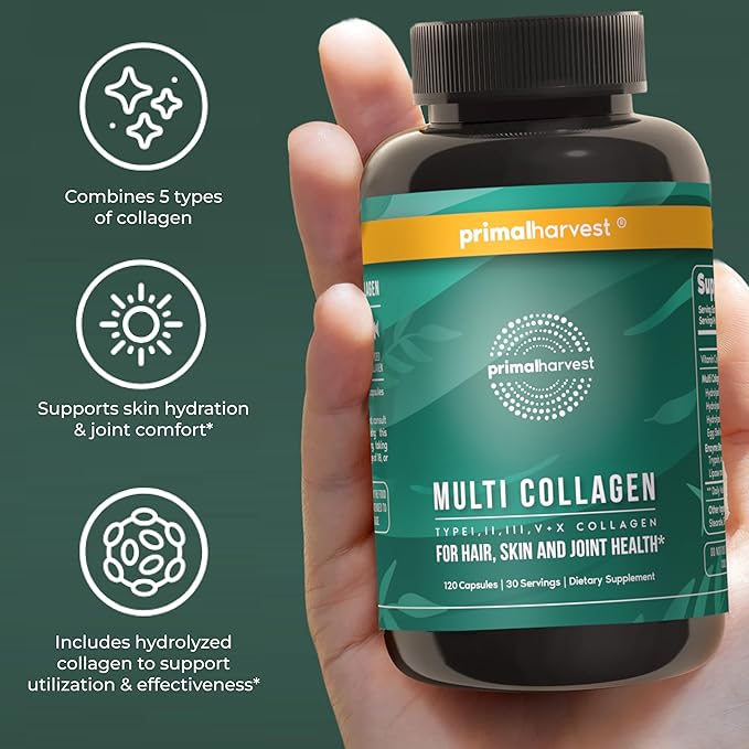 Primal Harvest 2 Pack, Multi Collagen Pills for Women and Men (Type I, II, III, V, X) Collagen Supplements for Women and Men, 120 Capsules w/Vitamin C for Hair, Skin, Nails Collagen Peptides Pills
