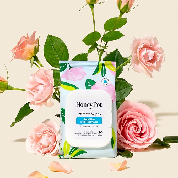 The Honey Pot Company - Feminine Wipes - Daily PH Balancing, Fragrance & Sulfate Free Wipes for Intimate Parts, Body, or Face - Hygiene Products - Sensitive w/Rosewater - 30 ct